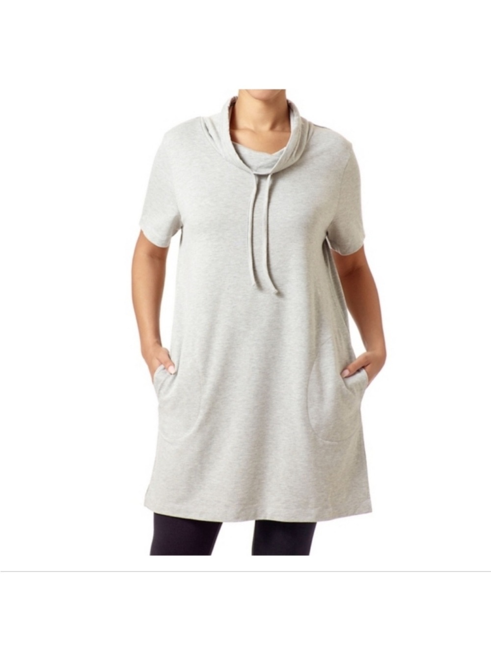 HUE Heather Gray Cowl Neck Drawstring Scrunch T-Shirt Dress Tunic Sz Large